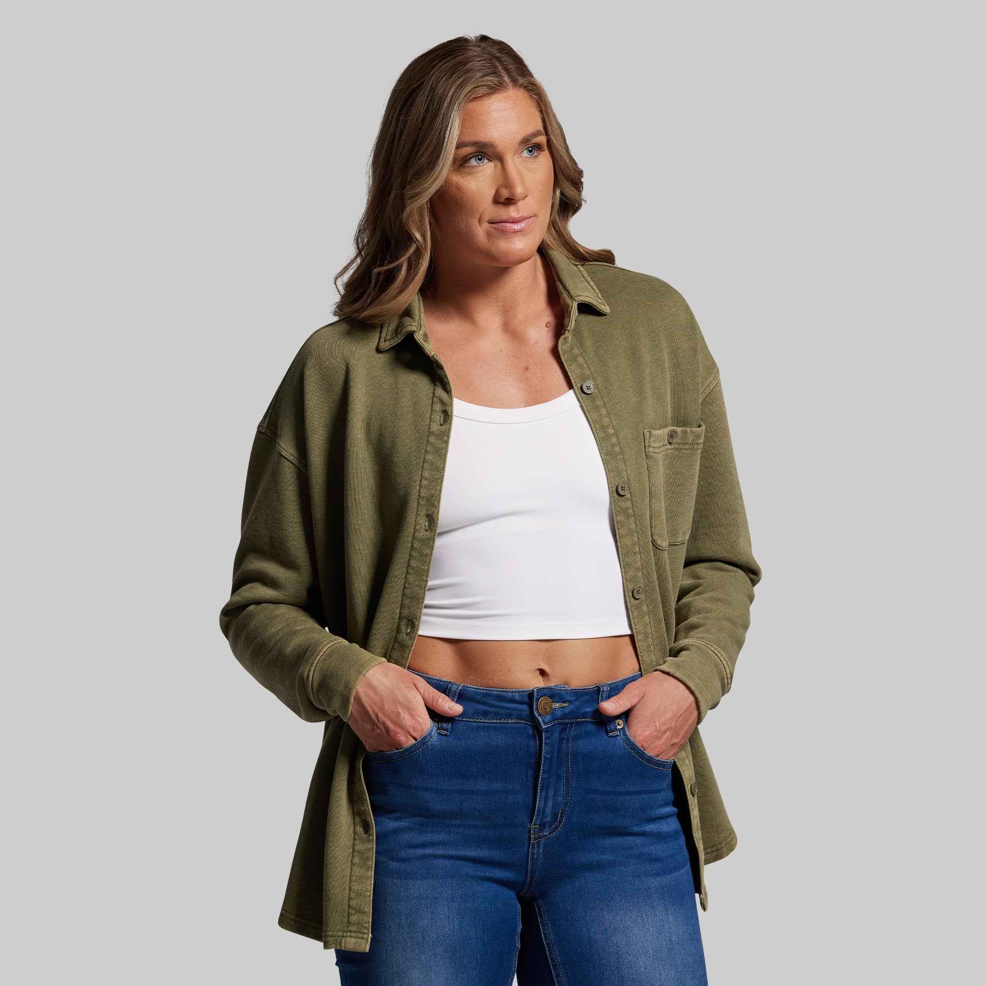 Women's Oversized Washed Button Up (Deep Green) - Image 5