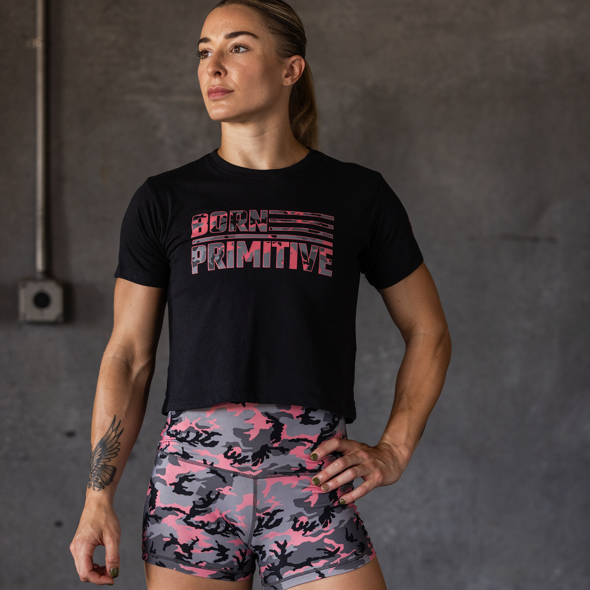 BP Flag Crop Tee (Black/Pink Woodland) - Image 6