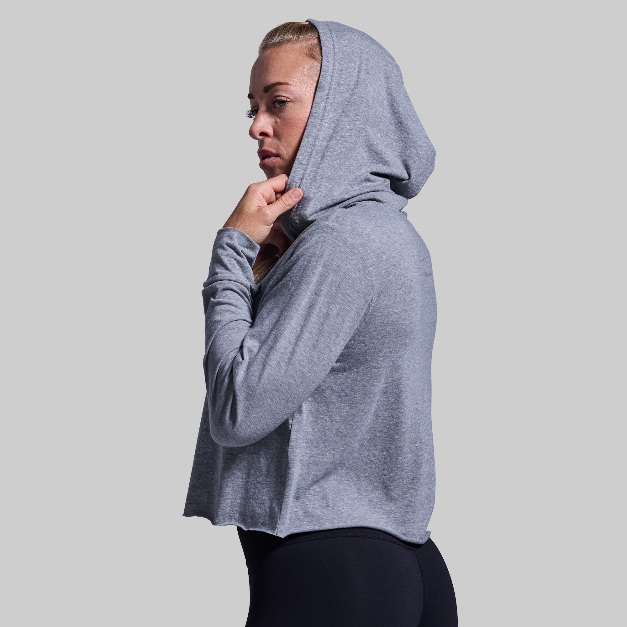 Home of the Brave Cropped Tee Hoodie (Heather Grey) - Image 3