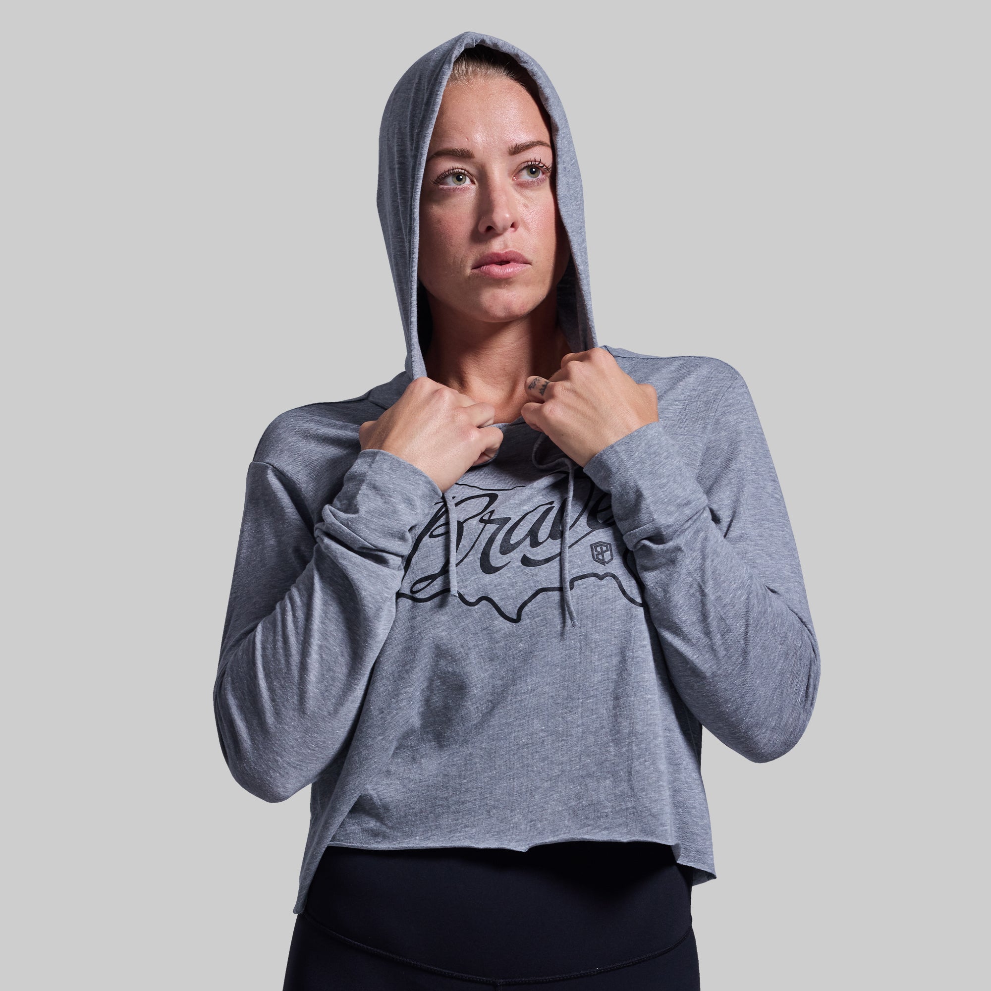 Home of the Brave Cropped Tee Hoodie (Heather Grey) - Image 4