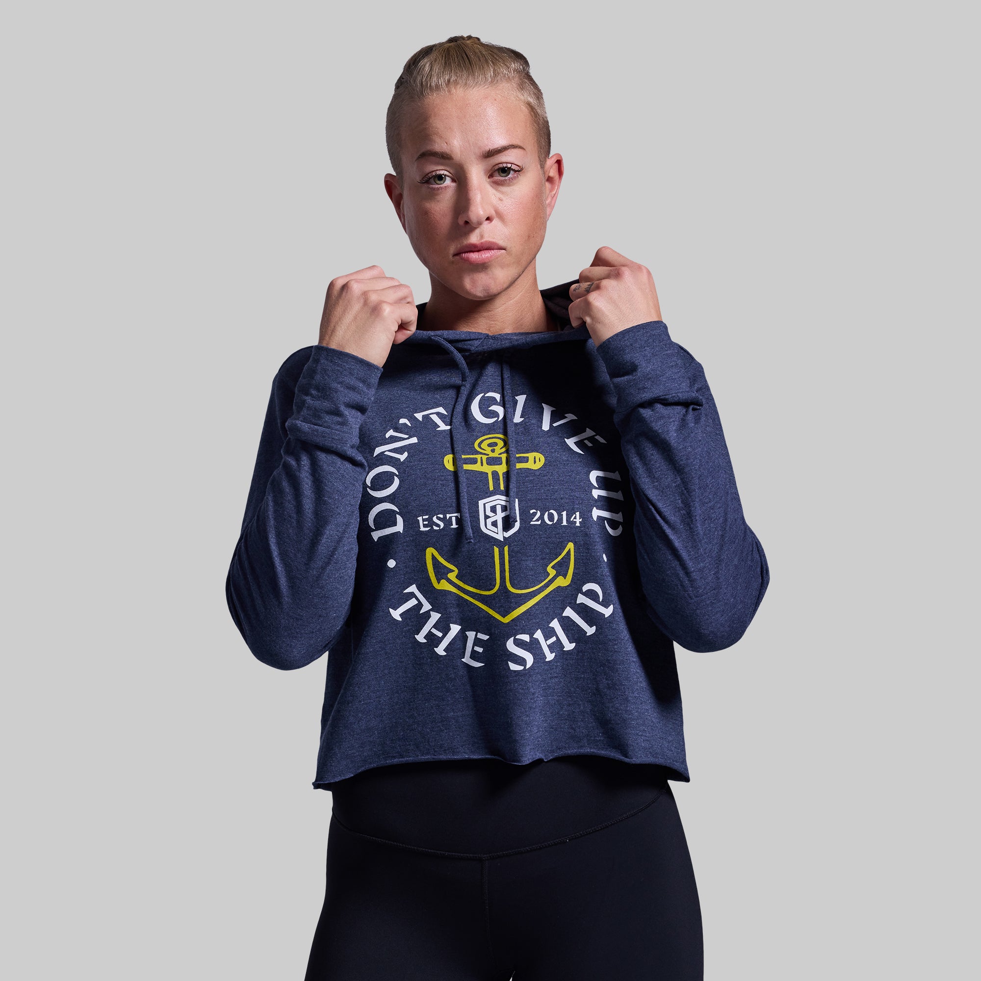 Don't Give Up The Ship Cropped Tee Hoodie (Heather Navy) - Image 3